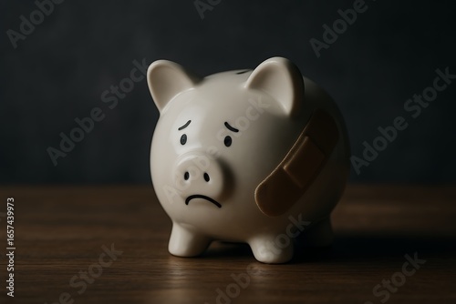A sad, white piggy bank with a bandage rests somberly on a wooden surface against a dark background.