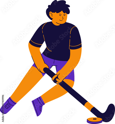 An energetic illustrated athlete playing hockey, skillfully hitting the puck with a stick during a game.