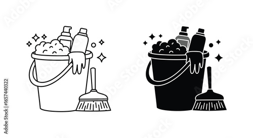 Cleaning supplies and tools in buckets with brooms silhouette