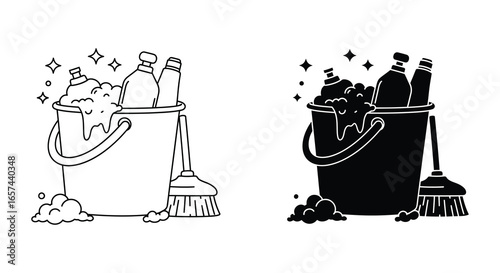 Cleaning supplies in a bucket with a brush silhouette