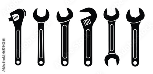 Collection of adjustable wrenches and open end wrenches silhouette
