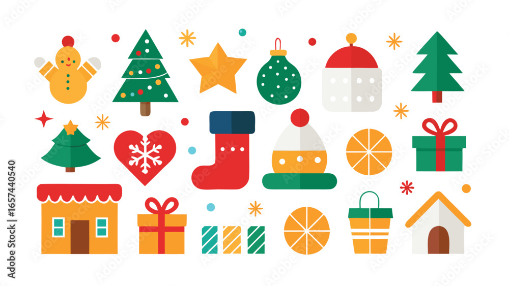 Fototapeta premium Festive Christmas Icons Collection Flat Design Holiday Elements and Decorations