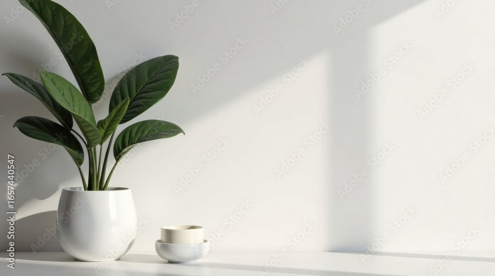 Fototapeta premium Serene Minimalist Interior Design Featuring a Lush Green Plant in a White Pot, Accented by Simple Ceramic Bowls on a Pristine White Surface