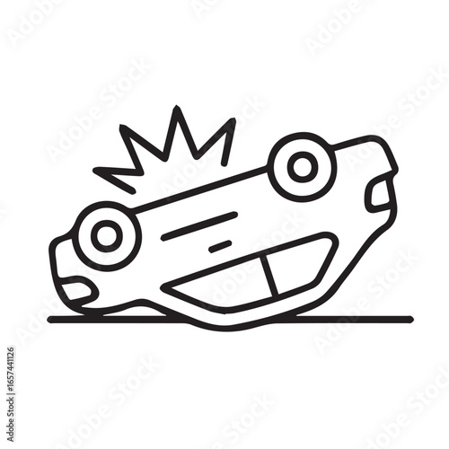 Vector icon minimalist representing a car crash hazard, designed as emergency caution symbol, shown entirely in black and white with bold black outline.