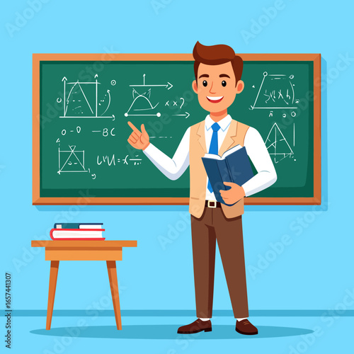 A smiling male teacher in a vest and tie stands in front of a green chalkboard filled with mathematical equations and geometric diagrams, holding a book.