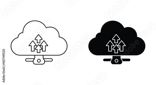Cloud computing upload icons with arrows and server symbols in black and white silhouette