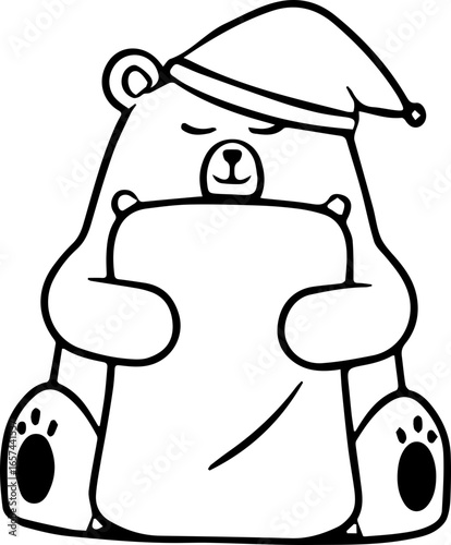 Cartoon bear wearing a sleep cap, cuddling a pillow, in a peaceful sleeping pose.