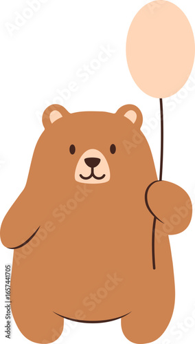 Cartoon illustration of a brown bear standing and holding a peach-colored balloon on a white background.