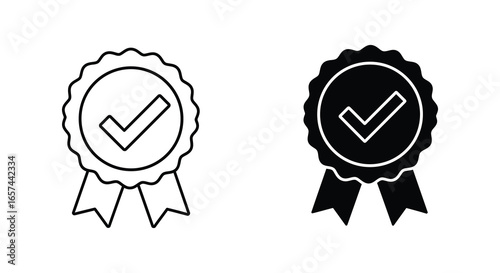 Two check mark rosette ribbons in black and white on plain background silhouette