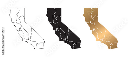 California map vector illustration, black and gold outline.