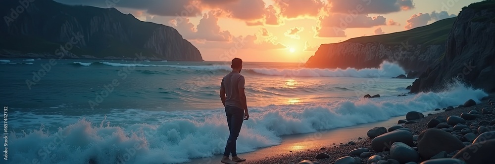 Obraz premium Person stands on a beach at sunset watching waves.