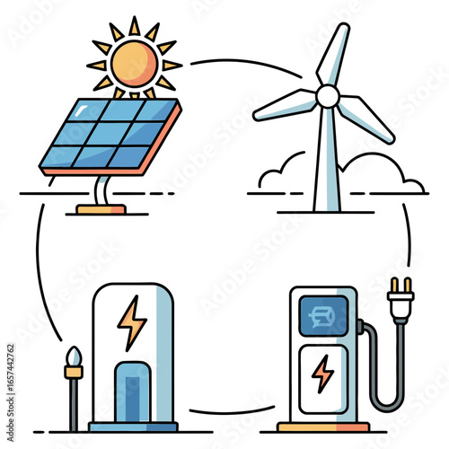 Recycling Earth, Renewable Energy Icon, Black Icons Sustainability ,Solar panel, wind turbine, biofuel line icons, Alternative, sustainable energy sources, Minimalist black silhouette eco-friendly ico