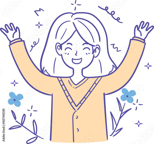 Joyful cartoon girl with a wide smile and raised arms, surrounded by cheerful floral elements and sparkling accents.