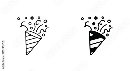 Black and white party horns with confetti and sparkles celebration icons silhouette