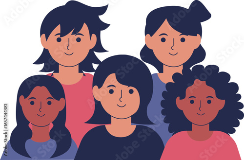A diverse group of five smiling women standing together, looking directly at the viewer.