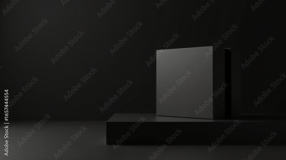 Fototapeta premium Dark Monochromatic Still Life Featuring Minimalist Geometric Forms on a Low Platform