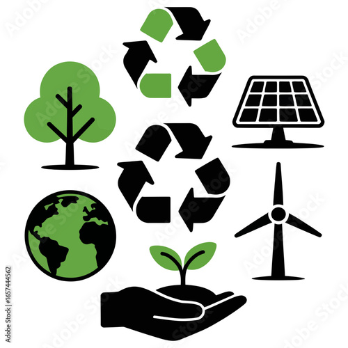 Recycling Earth, Renewable Energy Icon, Black Icons Sustainability ,Solar panel, wind turbine, biofuel line icons, Alternative, sustainable energy sources, Minimalist black silhouette eco-friendly ico