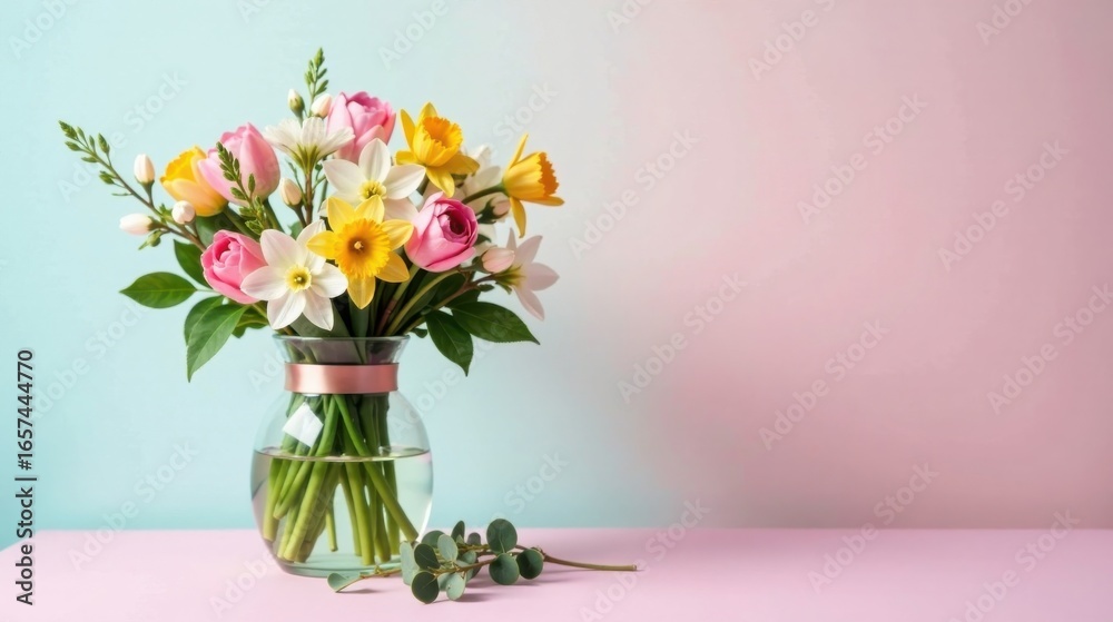 Naklejka premium A delightful spring bouquet of pink tulips, daffodils, and freesias arranged in a clear glass vase with a delicate ribbon, adding a touch of elegance to a pastel-colored surface.