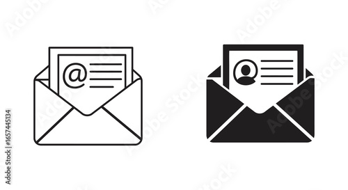 Email icons with at symbol and person symbol in envelopes silhouette