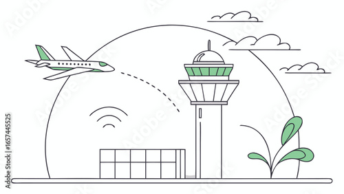 Day of the Air Traffic Controller Vector Illustration – Tower, Airplane, Radar, and Globe in Flat Design