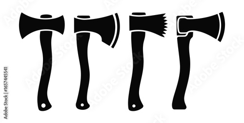 Four distinct axe heads and handles in a black silhouette