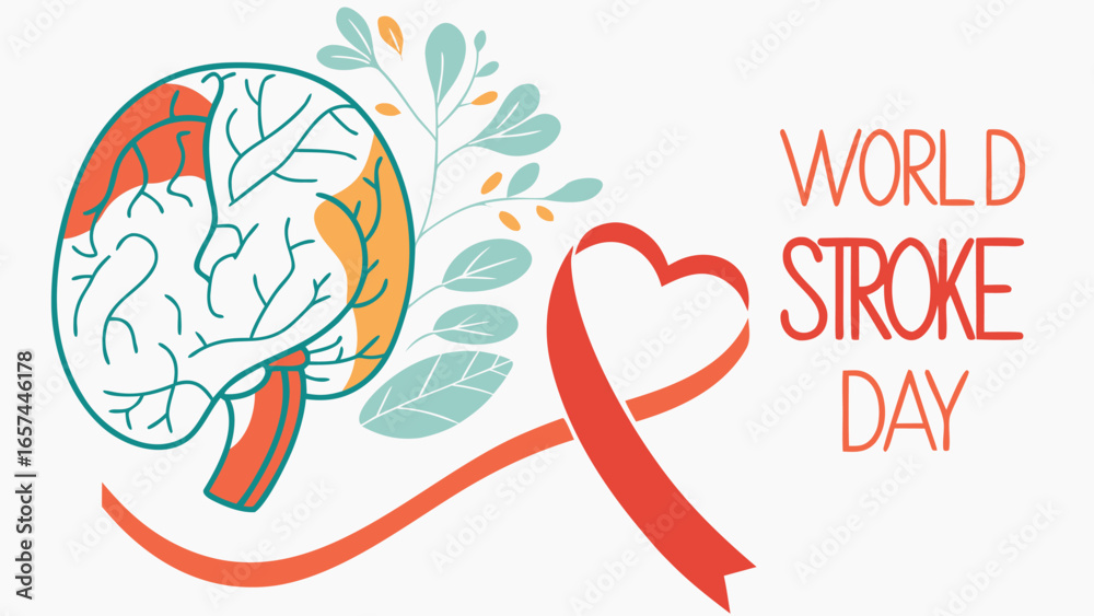 Fototapeta premium World Stroke Day Vector Illustration - Brain, Heart & Awareness Ribbon with Flowing Pathways in Flat Design