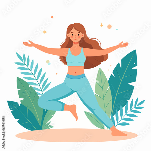 Graceful woman embracing a healthy lifestyle through mindful yoga and fitness exercises, surrounded by lush natural foliage, promoting balance and well-being.