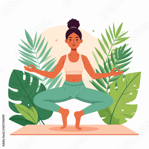 Woman Practicing Yoga in a Peaceful Pose Surrounded by Lush Greenery and Tropical Leaves