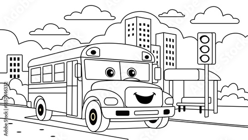 Cartoon School Bus in the City Coloring Illustration