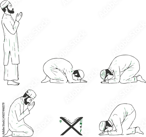 Muslim Man Performing Salat with Quran Symbol on White Background islam prayer