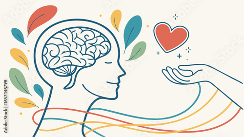 World Mental Health Day Vector Illustration – Brain, Heart, and Hand in Flat Design