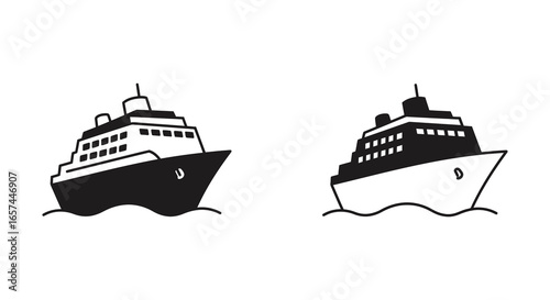 Two cruise ships in black and white with different colored hulls and decks silhouette