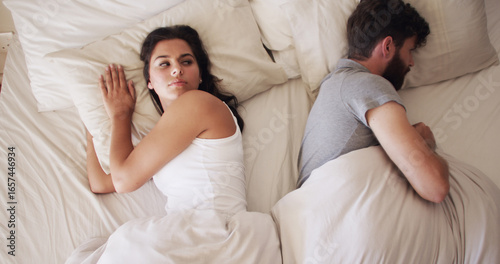 Slika na platnu Couple, fight and woman with man sleeping in bed, conflict or marriage issue with trouble or upset at home