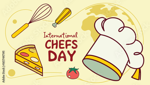 International Chefs Day Vector Illustration – Chef Hat, Utensils, and Food in Flat Design