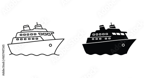 Black and white illustration of two cruise ships side by side silhouette