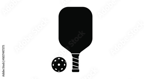 pickleball paddle and ball in simple black and white design silhouette