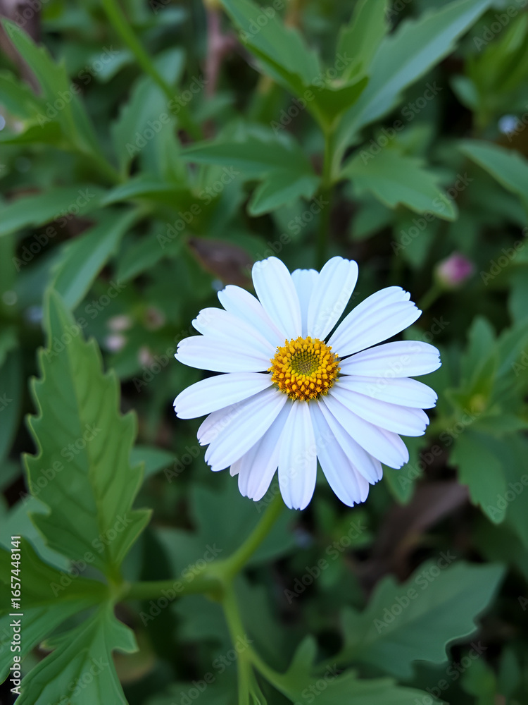 Fototapeta premium Chamomile flower with unique background, large green leaves