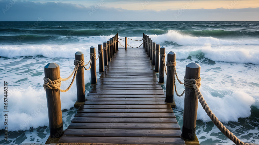Obraz premium Powerful ocean waves crash against a sturdy wooden pier lined with robust bollards connected by thick rope, creating a dramatic and dynamic coastal scene