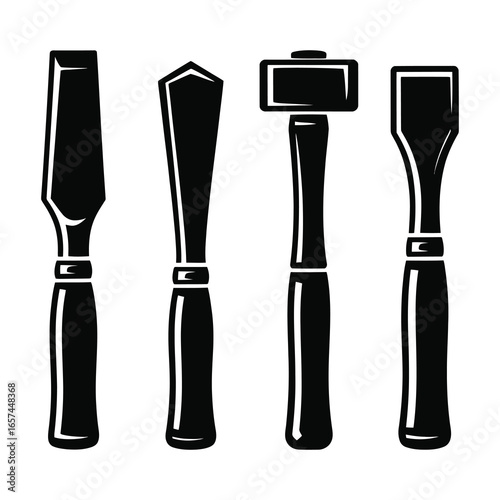 Collection of four woodworking chisels and a mallet silhouette