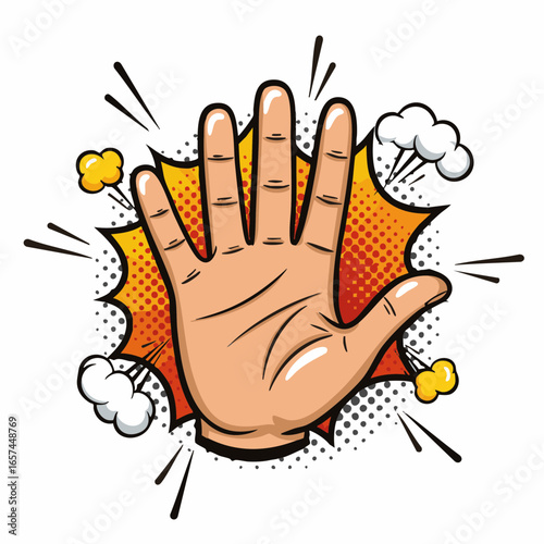Hand gesture with explosive comic style elements and pop art design  