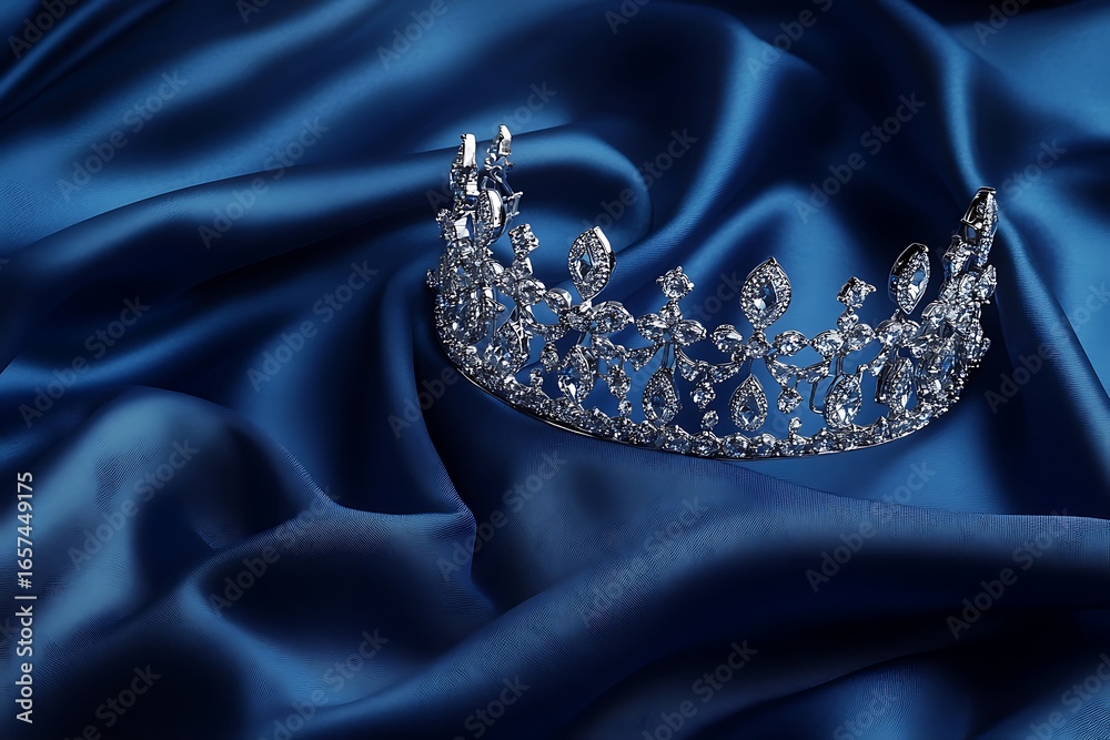 Fototapeta premium A pointed peak diamond crown adorned with brilliant diamonds scattered around, lying on rich deep blue satin fabric