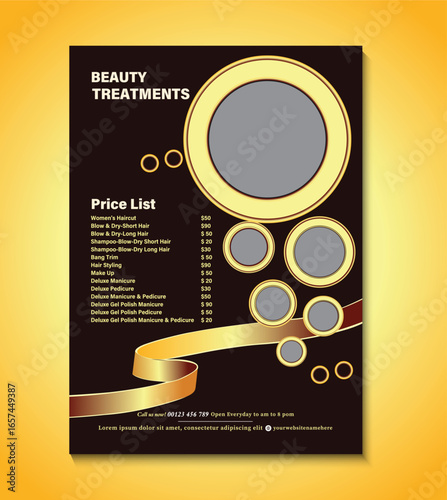 Modern flyer template for beauty lab price menu, featuring a clean layout, an elegant design, editable text, and stylish visuals. Ideal for promoting salon services and special offers professionally