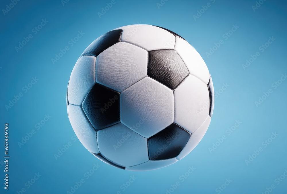 Naklejka premium Close-up of a classic black and white patterned soccer ball with pentagon and hexagon panels on a vibrant blue background