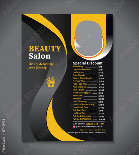 Modern flyer template for beauty lab price menu, featuring a clean layout, an elegant design, editable text, and stylish visuals. Ideal for promoting salon services and special offers professionally