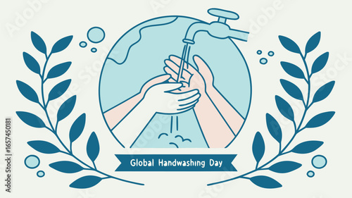 Stylized Vector Illustration for Global Handwashing Day – Hands, Water, Soap, and Globe in Flat Design