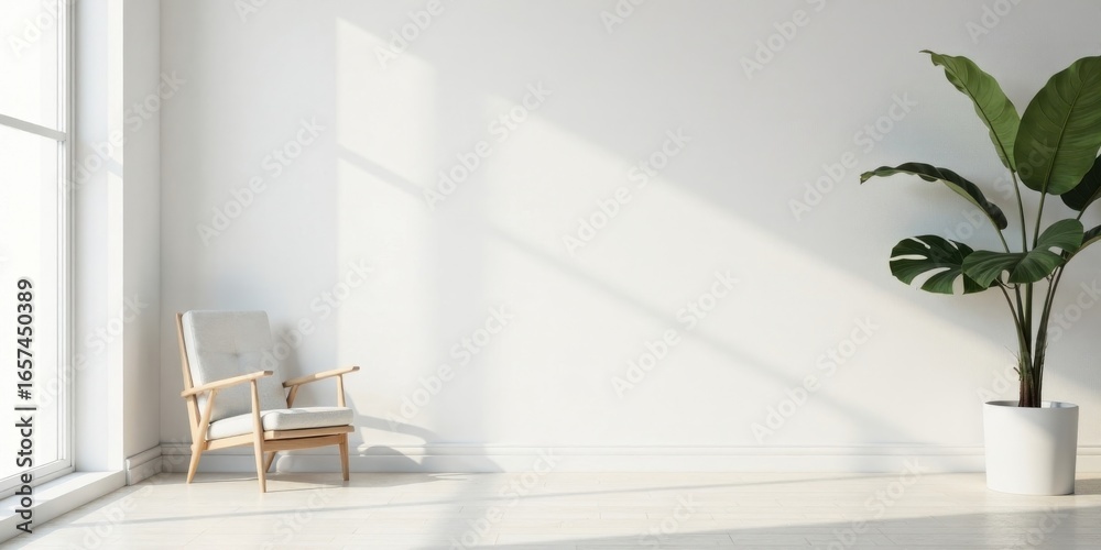 Fototapeta premium Serene Minimalist Room Interior Design with Light-Filled Space, Modern Chair, and Lush Greenery