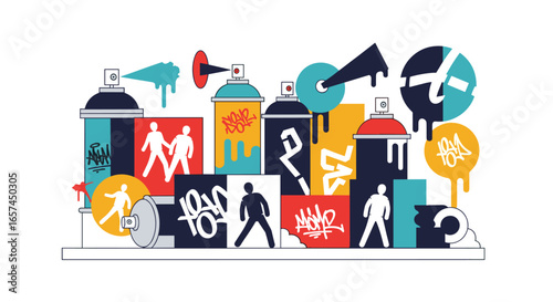 A Colorful and Creative Graffiti Art Illustration Featuring Spray Cans, Tagging, and Human Silhouettes, Representing Urban Street Art and Modern Design Elements, Perfect for Creative