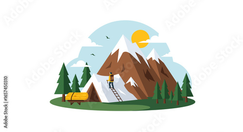 A Colorful Illustration Depicts a Mountain Climber Ascending a Ladder Towards a Snowy Mountain Peak, A Sun Shines Above the Peaks, Surrounded by Trees, Illustrating the Adventure