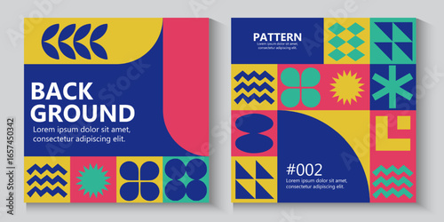 Bauhaus Colorful neo geometric poster, banner or cards seamless pattern collection. Abstract monochrome designs with simple geometry shapes. Modern abstract promotional template flayer background.