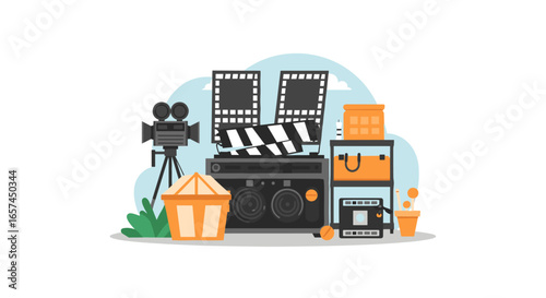 A Colorful Illustration Showcases Film Equipment, Including a Camera, Clapperboard, and Sound System, Representing the Creative Process of Cinema and Storytelling, Illustrating the Art